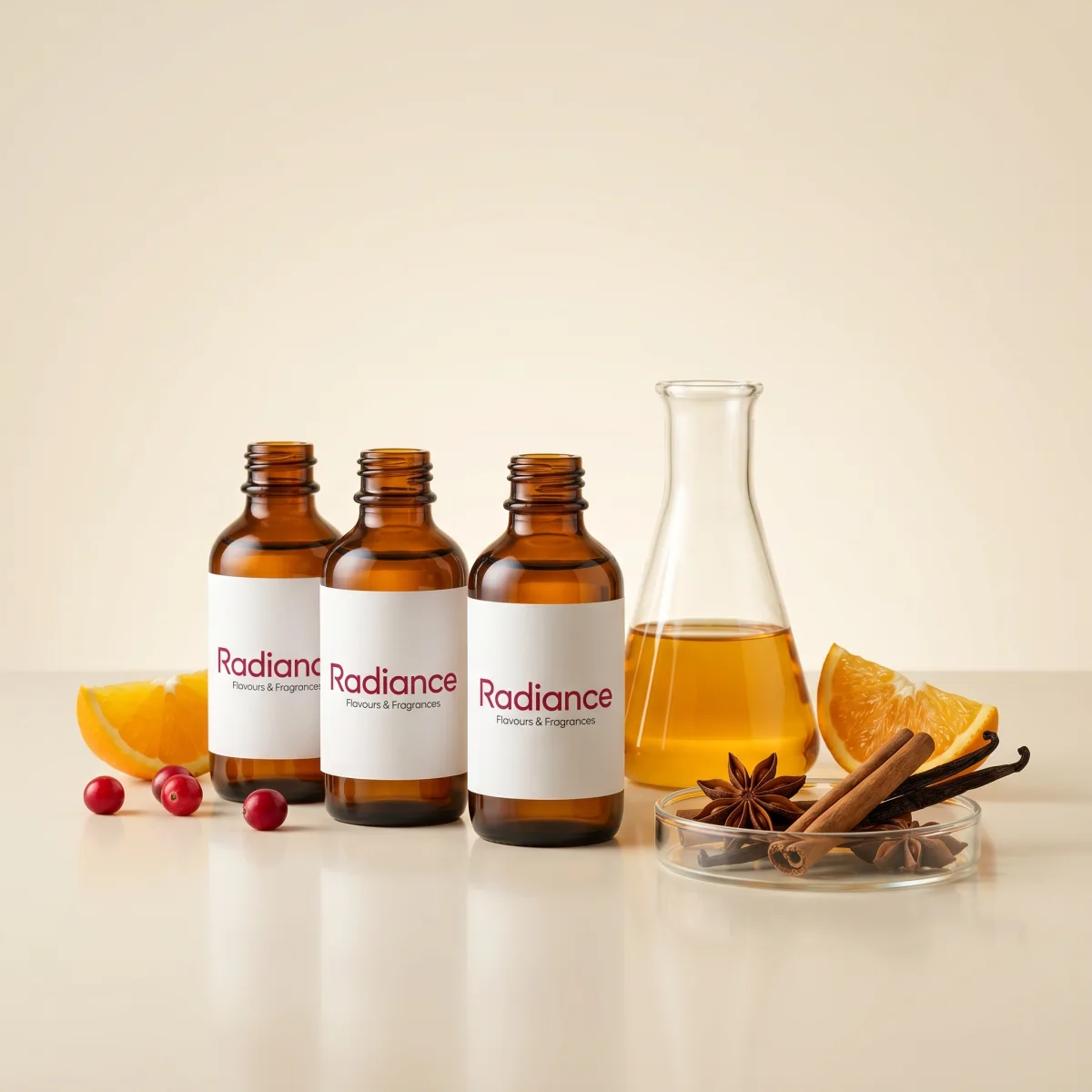 Radiance aroma ve esans hammaddeleri — tarçın, anason, portakal kabuğu ve vanilya