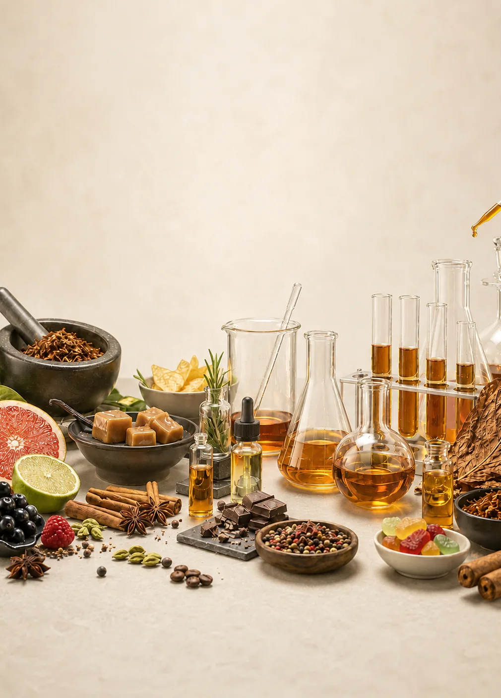 Doğal aromatik hammaddeler — baharat, vanilya, kakule ve gül yaprağı