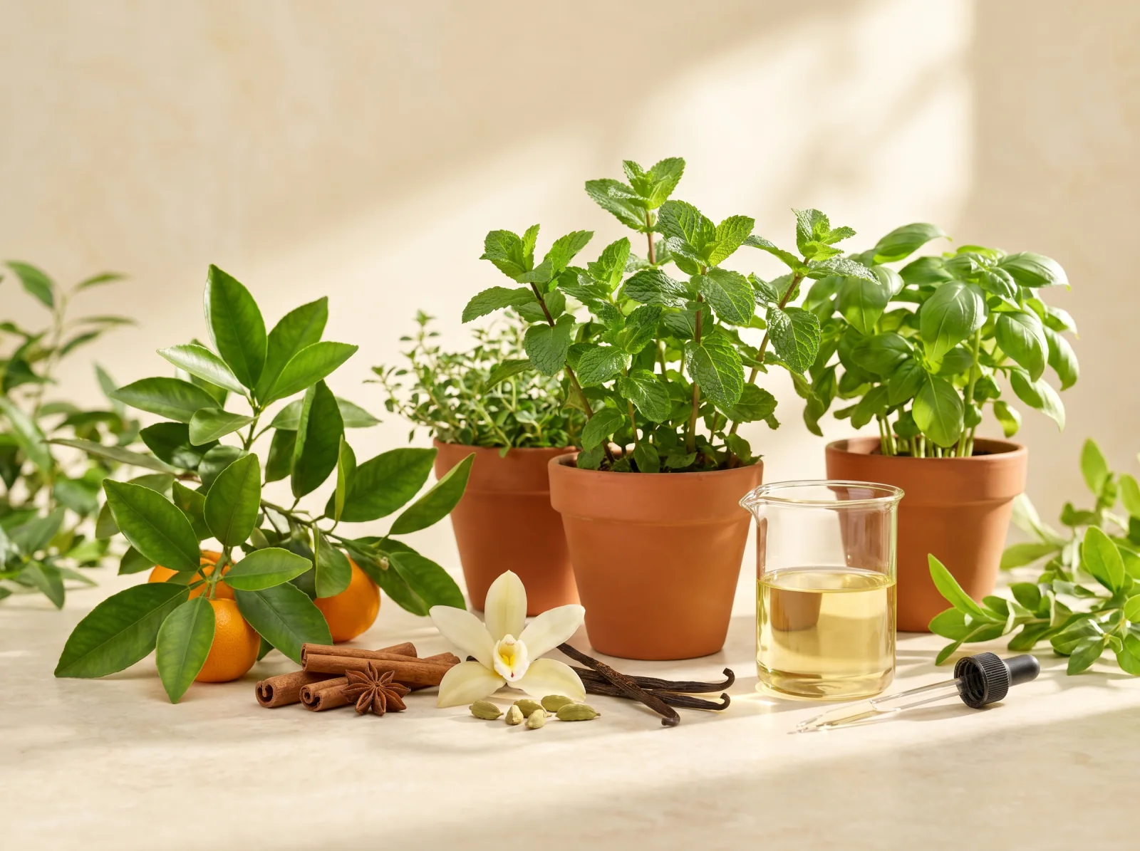 Doğal aromatik hammaddeler — bitkiler, narenciye ve esans şişeleri